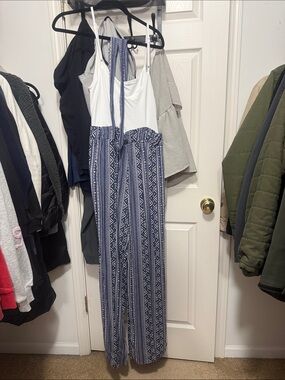 Stella Tweed White Halter Jumpsuit with Blue Geometric Print